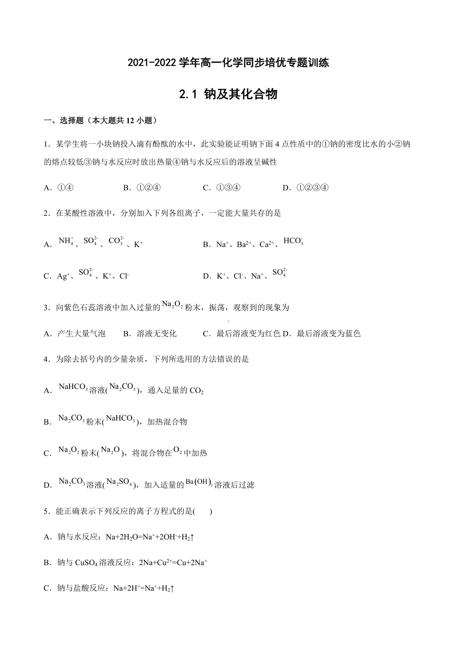 2.1 钠及其化合物 同步培优专题训练-（2019）新人教版高中化学高一必修第一册.docx_第1页