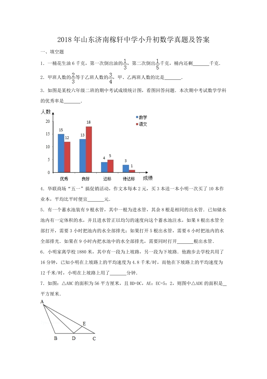 2018年山东济南稼轩中学小升初数学真题及答案.doc_第1页