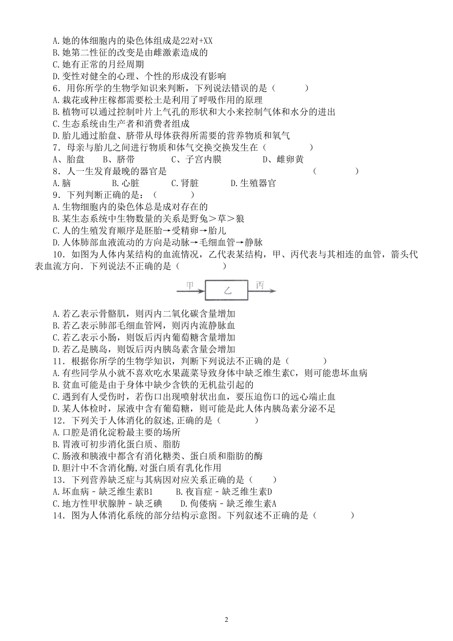 初中生物中考总复习《人体的营养》专项练习（附参考答案）.doc_第2页