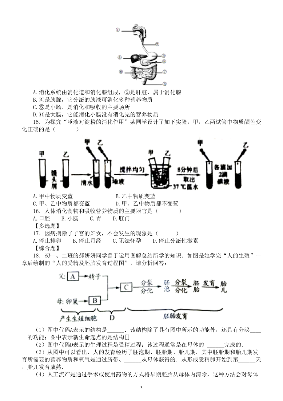 初中生物中考总复习《人体的营养》专项练习（附参考答案）.doc_第3页