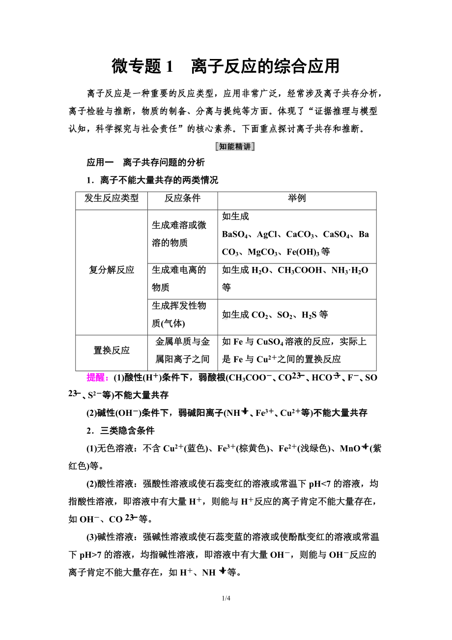 第1章 第2节 微专题1　离子反应的综合应用 讲义 -（2019）新人教版高中化学必修第一册.doc_第1页