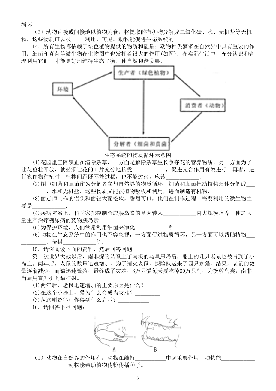 初中生物中考总复习《动物在生物圈中的作用》专项练习（附参考答案）.doc_第3页