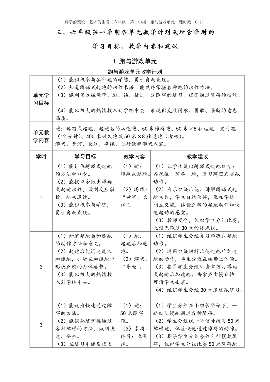 3六年级跑与游戏单元计划及各课时安排 (1).doc_第1页