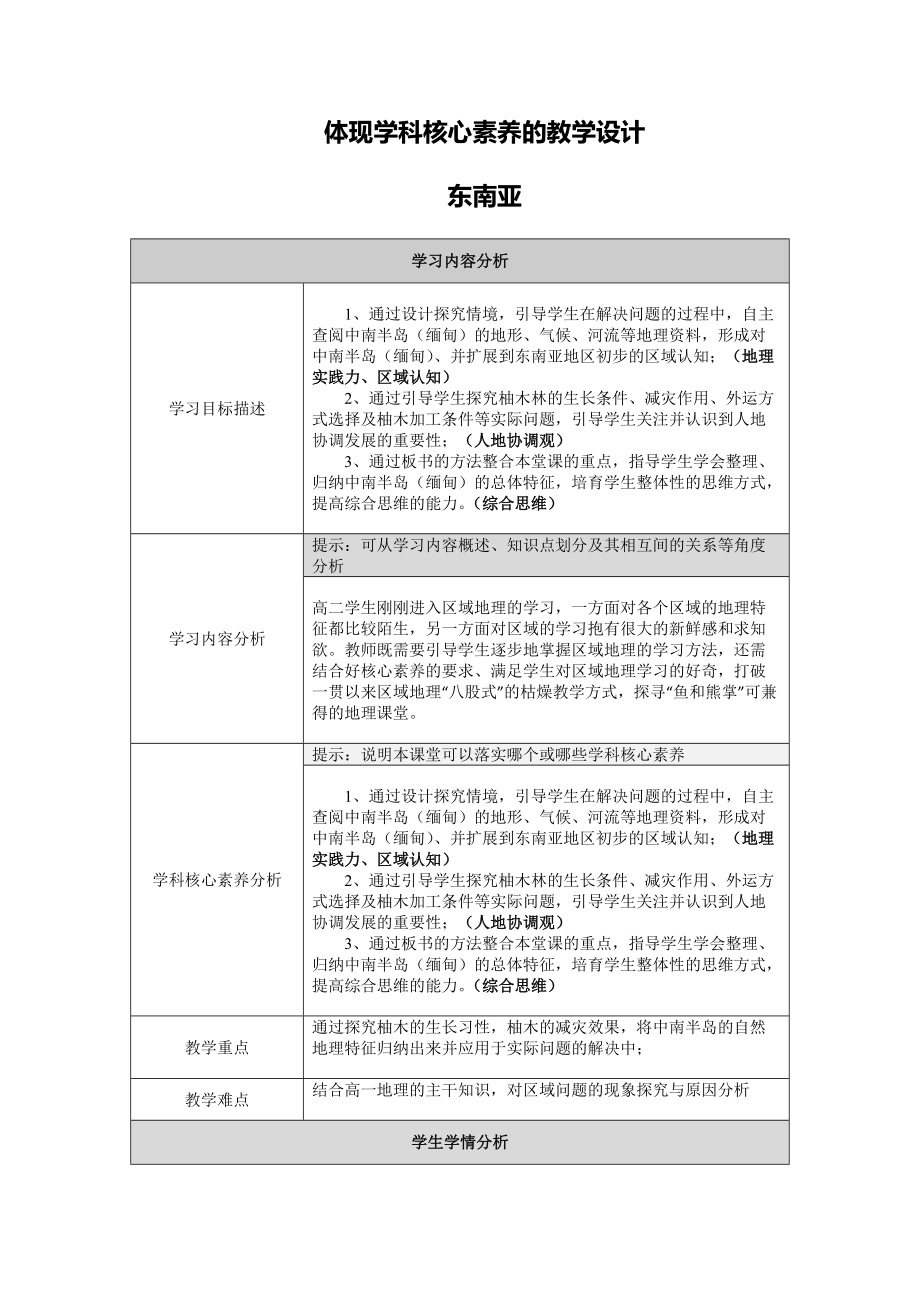 （作业表单）体现学科核心素养的教学设计-东南亚.doc_第1页