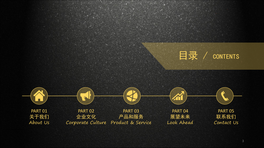 黑金配色磨砂底图的公司简介企业宣传讲课PPT课件.pptx_第3页