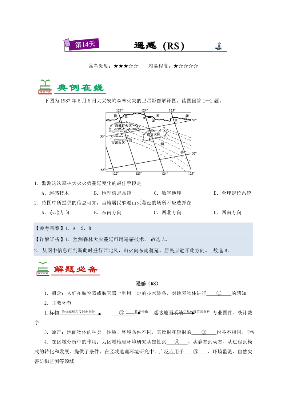 第14天 遥感（RS）-每日一题之2017快乐暑假高二地理人教版 Word版含解析.doc_第1页