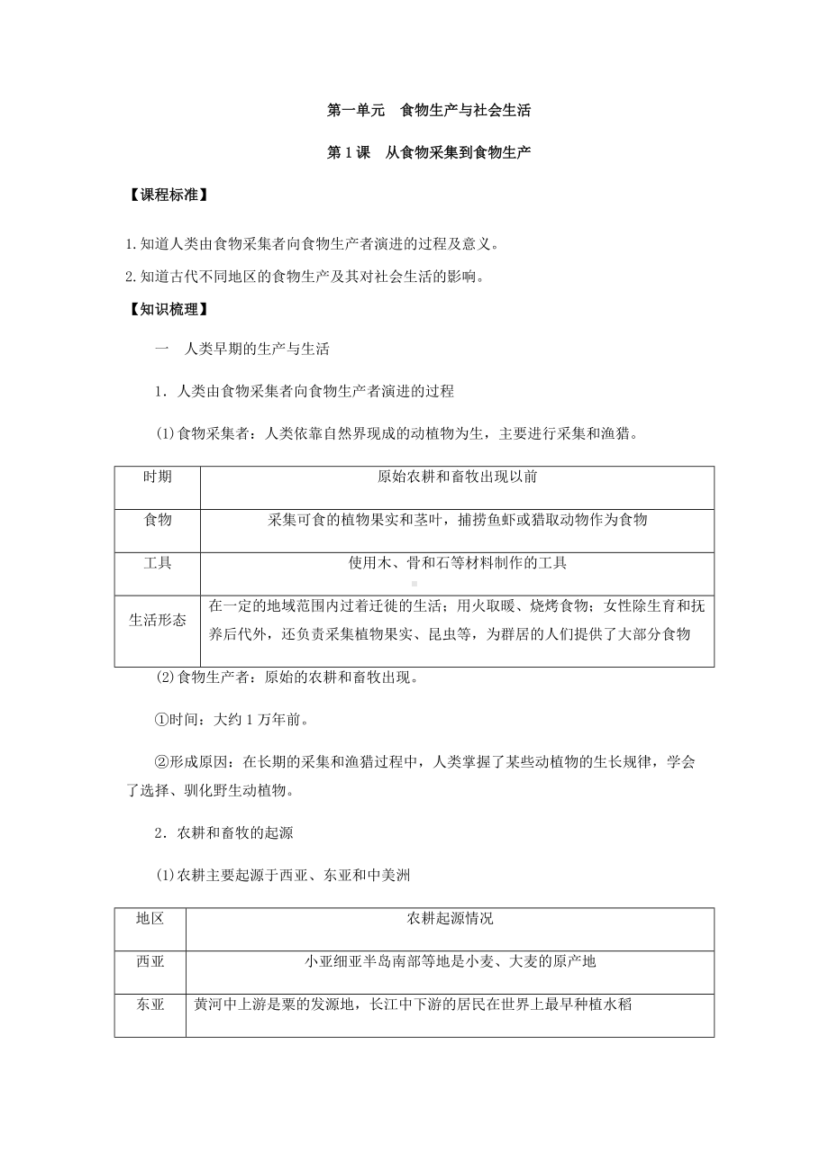 （部）统编版《高中历史》选择性必修二经济与社会生活第1课 从食物采集到食物生产导学案导学案.docx_第1页
