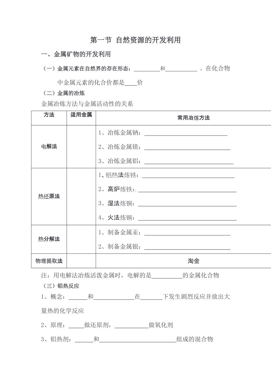 （2019）新人教版高中化学必修二8.1 自然资源的开发利用基础知识复习填空.doc_第1页