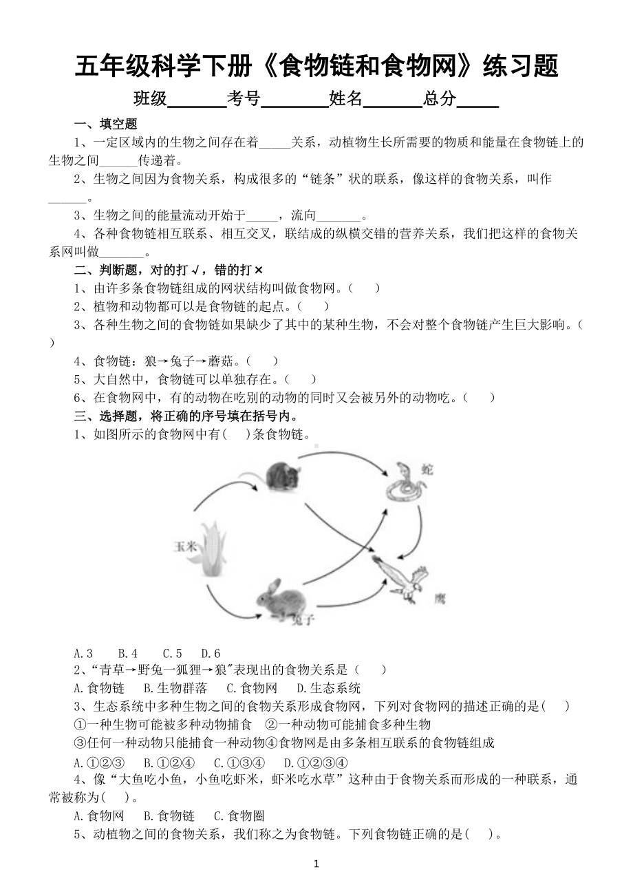 小学科学教科版五年级下册第一单元第6课《食物链和食物网》练习题3（附参考答案）（2022新版）.docx_第1页