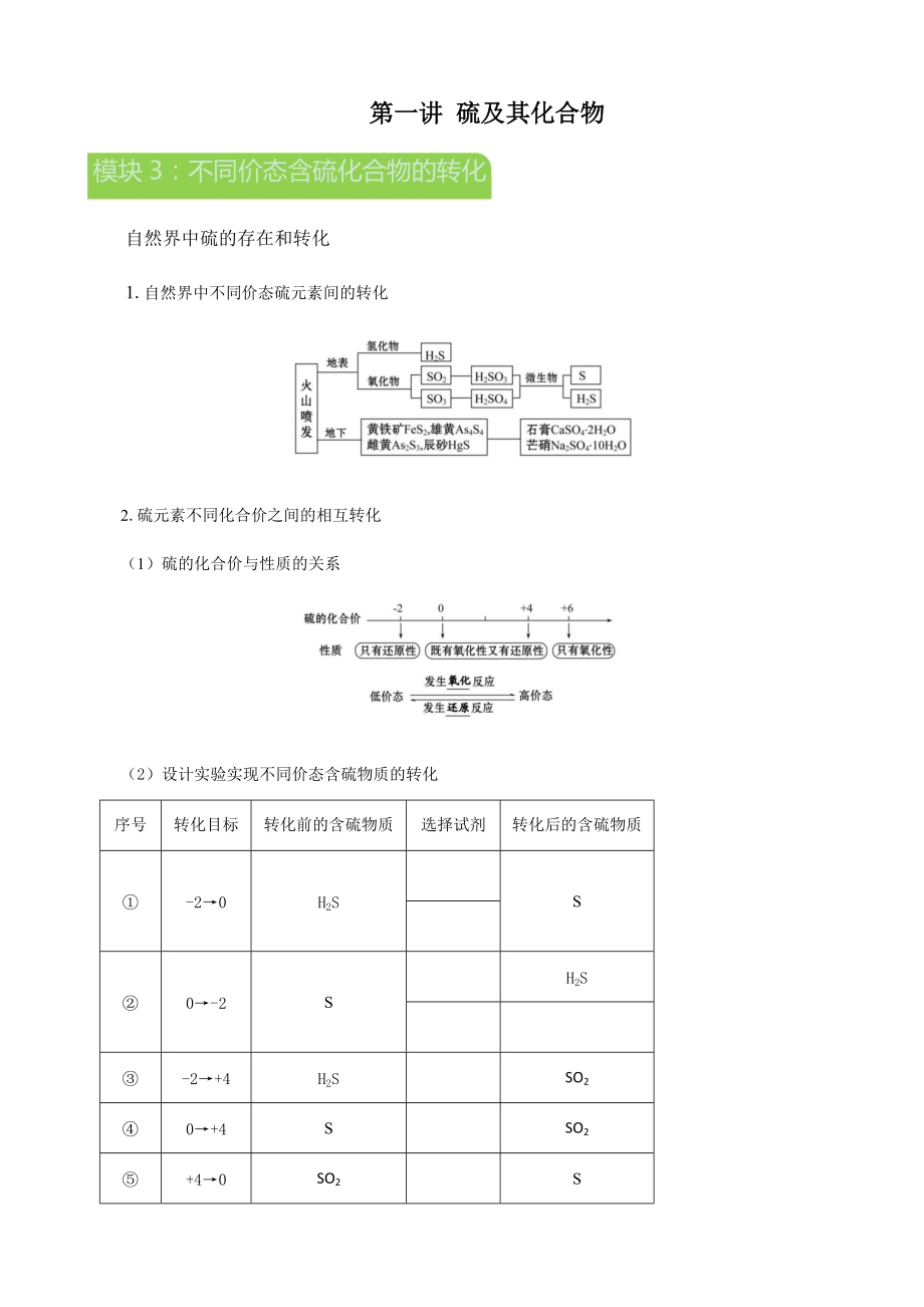 （2019）新人教版高中化学必修二001硫及其化合物模块3不同价态含硫化合物的转化寒假衔接讲义（机构用）.docx_第1页