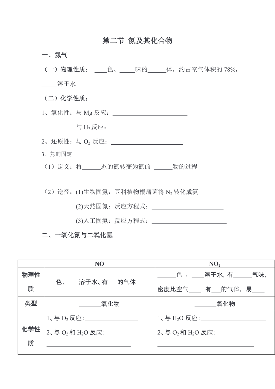 （2019）新人教版高中化学必修二5.2 氮及其化合物基础知识复习填空.doc_第1页