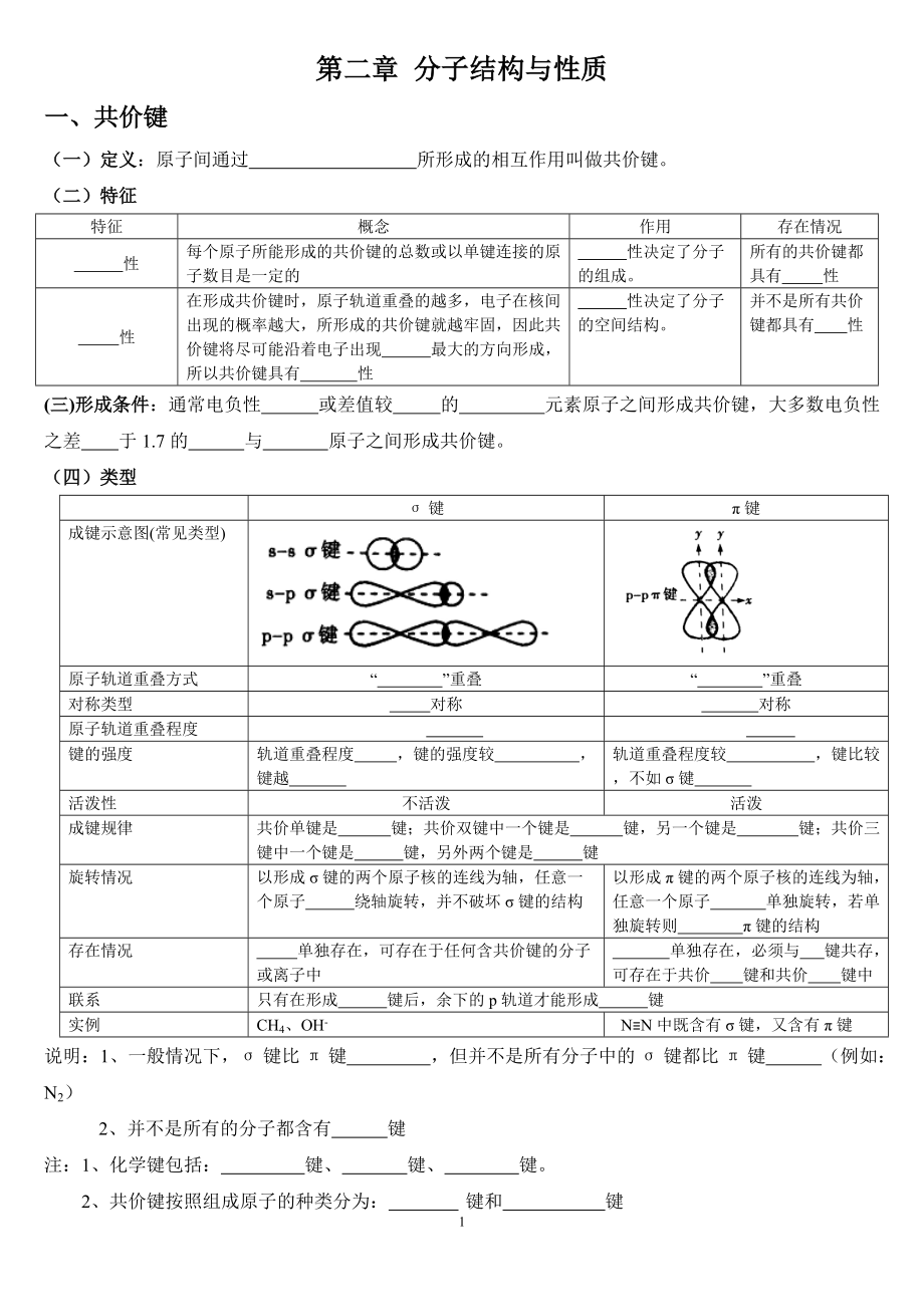 第二章 分子结构与性质 基础知识填空-（2019新）人教版高中化学高二选择性必修二.rar