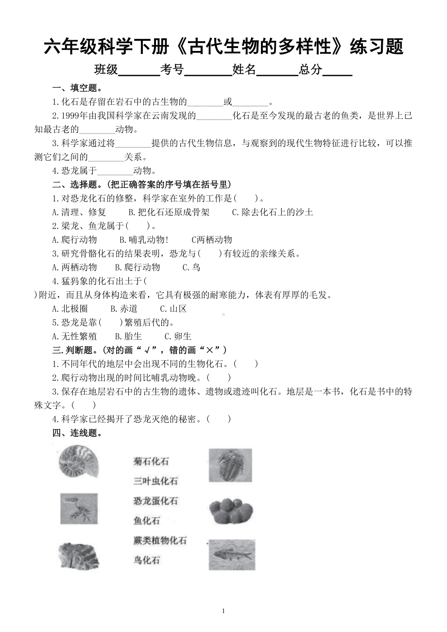 小学科学教科版六年级下册第二单元第6课《古代生物的多样性》课堂练习题（附参考答案）（2022新版）.doc_第1页