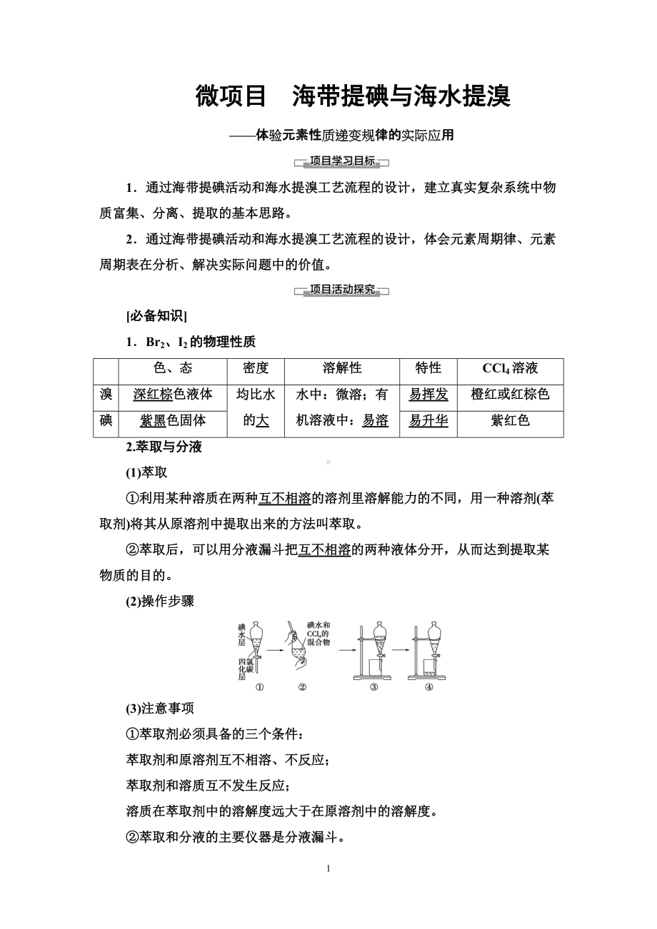 第1章 微项目　海带提碘与海水提溴-体验元素性质递变规律的实际应用 讲义-（2019新版）鲁科版高中化学高一必修二.doc_第1页