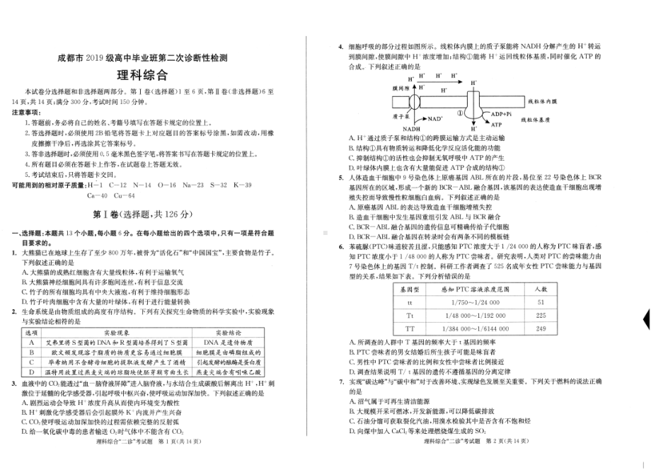 四川成都2022届高三理科综合二诊试卷及答案.pdf_第1页