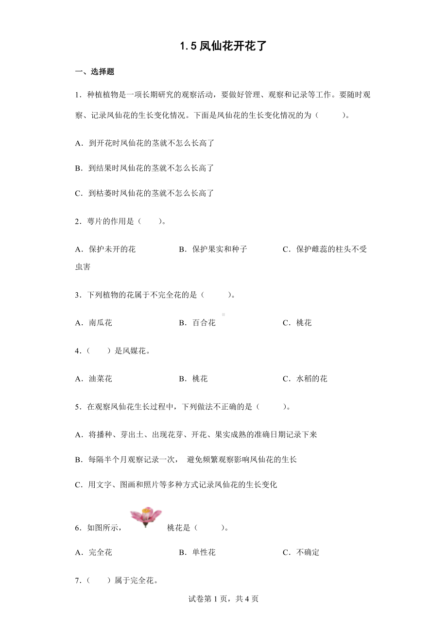 2022教科版四年级下册科学1.5凤仙花开花了同步练习（含答案）.docx_第1页