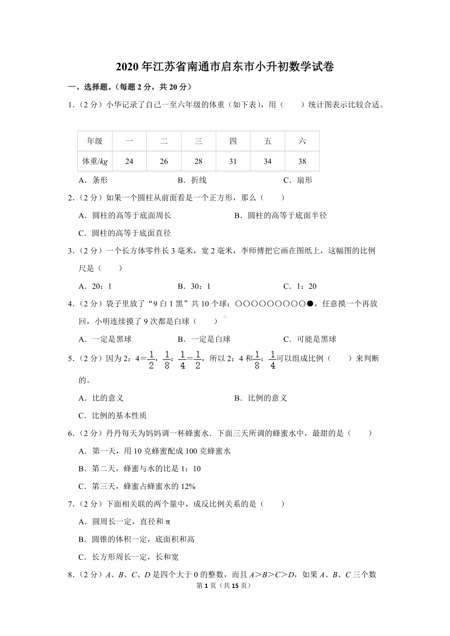 2020年江苏省南通市启东市小升初数学试卷（学生版+解析版）.docx_第1页