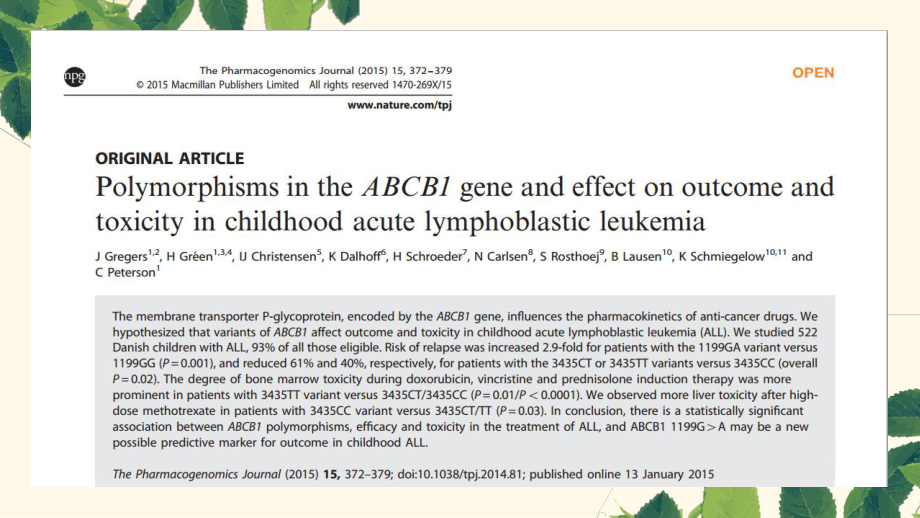 ABCB1基因多态性对儿童急性淋巴细胞白血病结局和毒性的影响分析重点课件.pptx_第2页