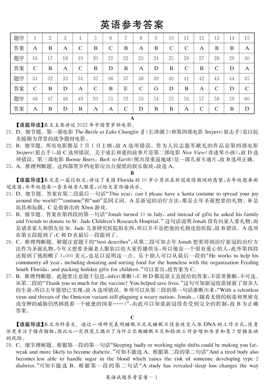 2022届长郡十五校联盟高三第一次联考英语答案（全国十五校一）.pdf_第1页