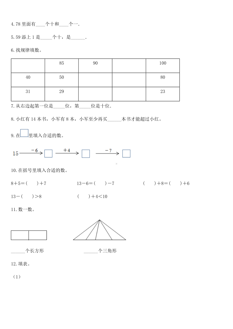 2020-2021学年苏教版一年级下册第一次月考数学试卷.docx_第2页