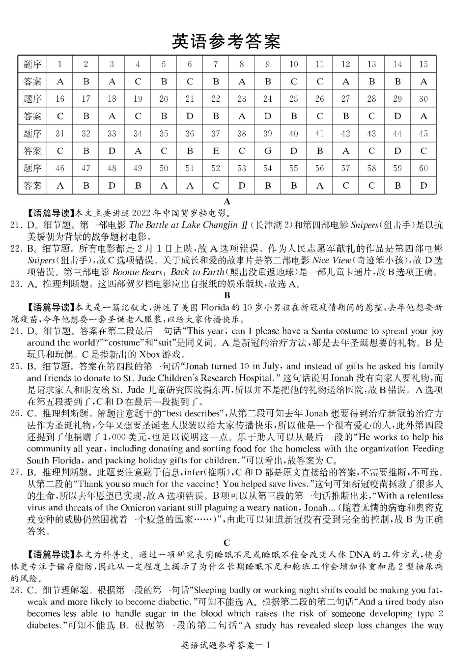 2022届长郡十五校联盟高三第一次联考英语答案（全国十五校一）.doc_第1页