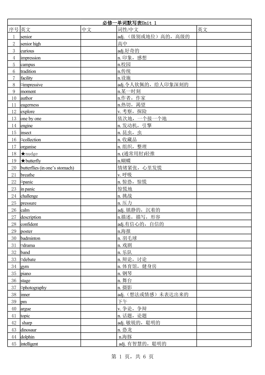 （2019）新外研版高中英语必修第一册Unit1-Unit6 单词默写表(全册6份打包).rar