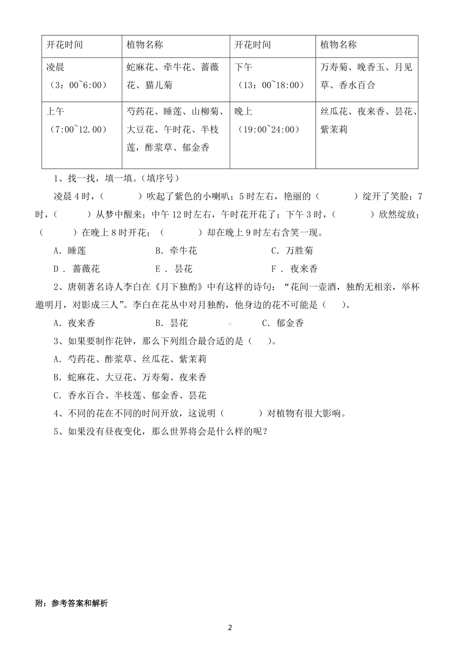 小学科学苏教版五年级下册第三单元第10课《昼夜对植物的影响》测试题（2022新版）（附参考答案）.docx_第2页