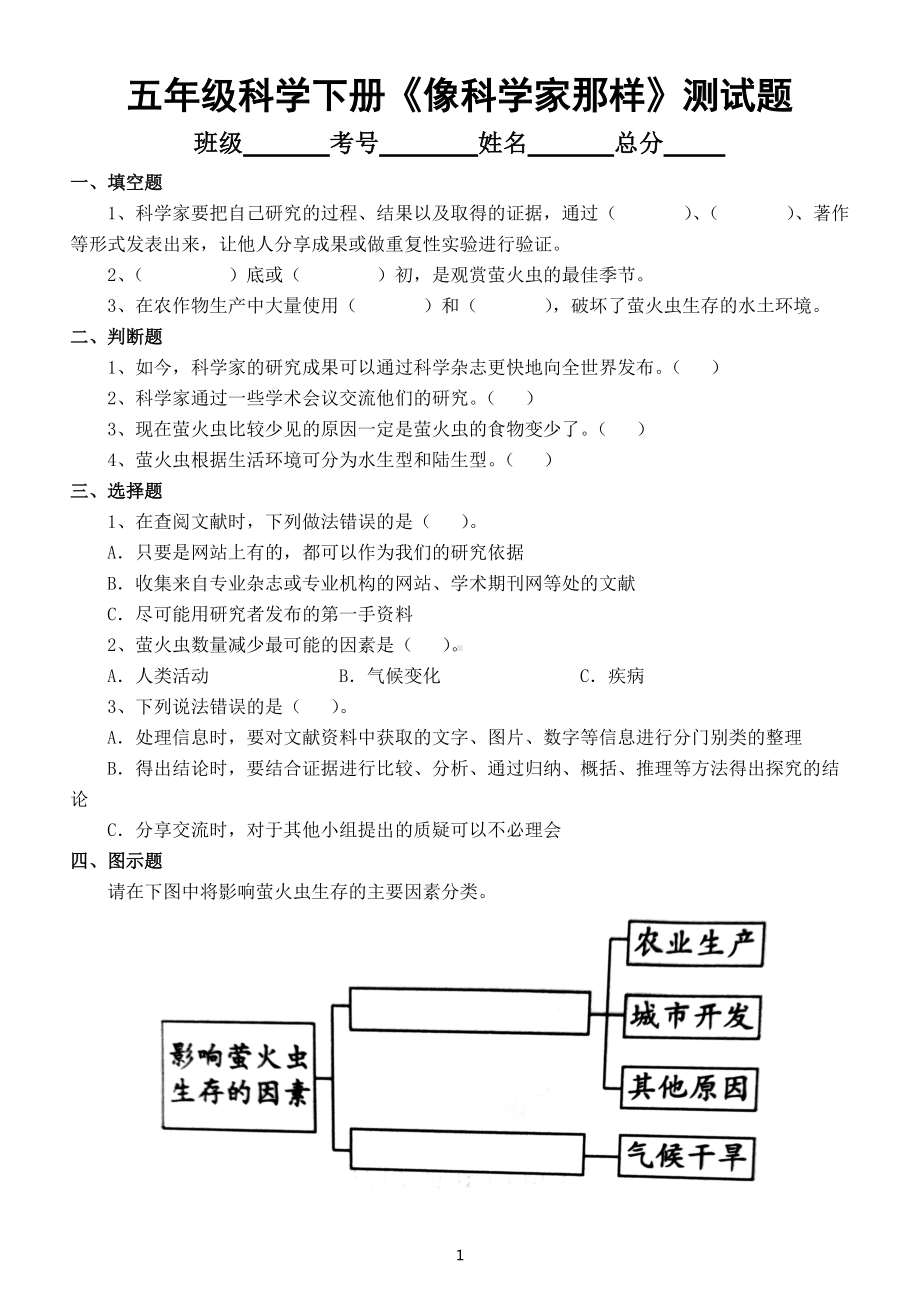 小学科学苏教版五年级下册专项学习《像科学家那样》测试题（2022新版）（附参考答案）.docx_第1页