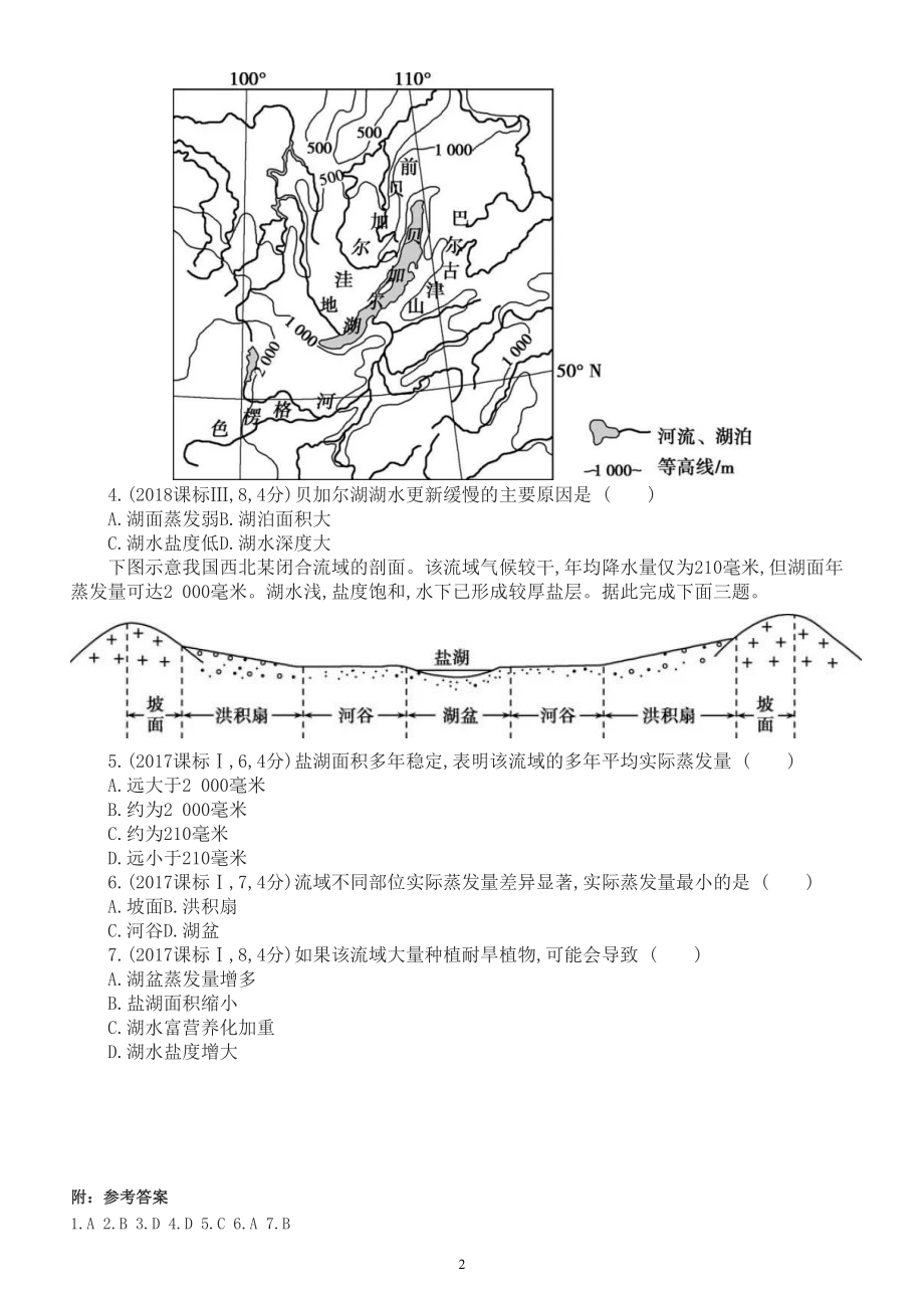 高中地理高考复习《水循环与水资源》专项练习（五年高考真题附参考答案）.doc_第2页