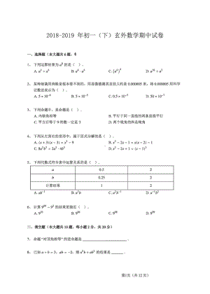 2018-2019南京玄武外国语七年级下册数学期中试卷及答案.pdf