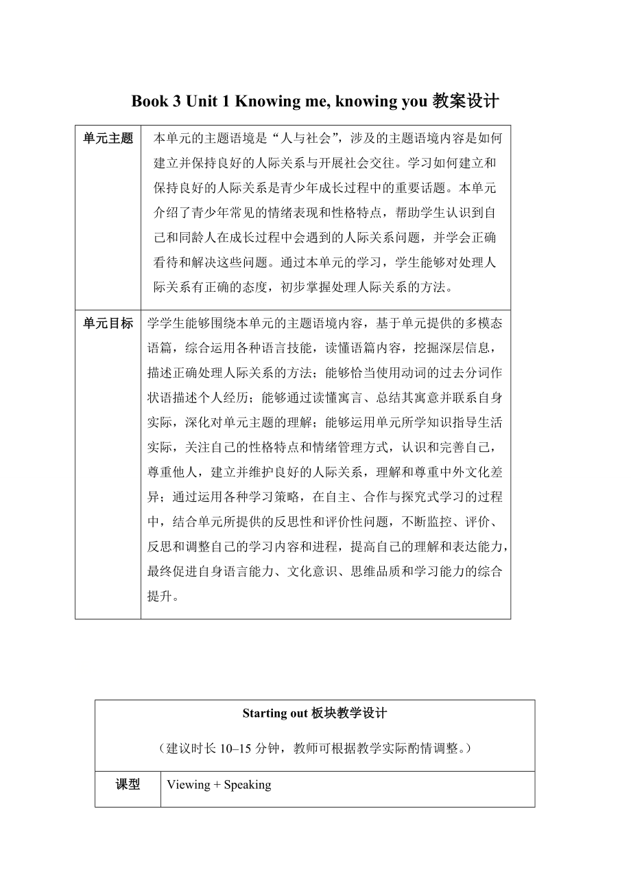 Unit 1 Starting out 教案-（2019）新外研版高中英语必修第三册.doc_第1页