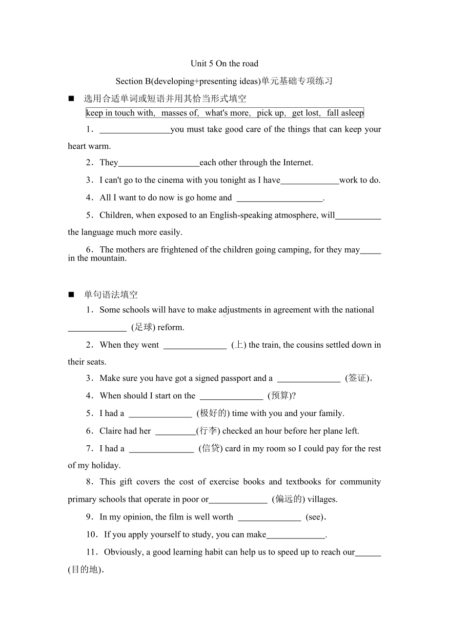 Unit 5 On the road Developing ideas Presenting ideas 单元基础专项练习 -（2019）新外研版高中英语必修第二册.doc_第1页