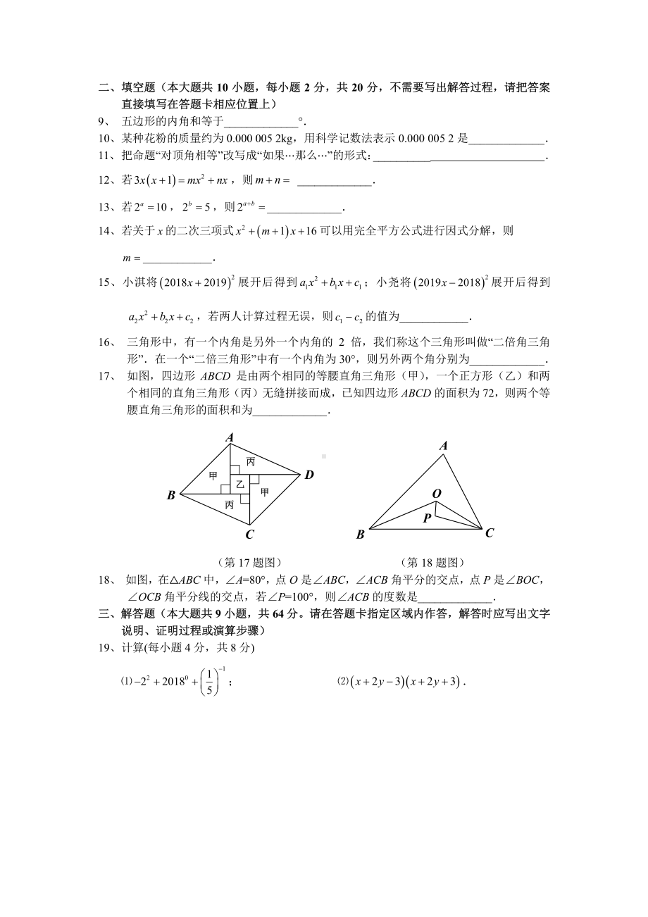 2018-2019南京新城本金陵河西七年级下册数学期中试卷及答案.pdf_第2页