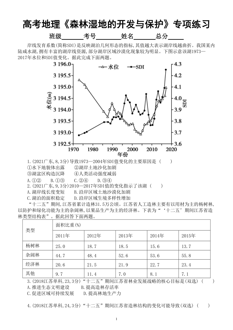 高中地理2022高考复习《森林、湿地的开发与保护》专项练习（五年高考真题附参考答案）.doc_第1页