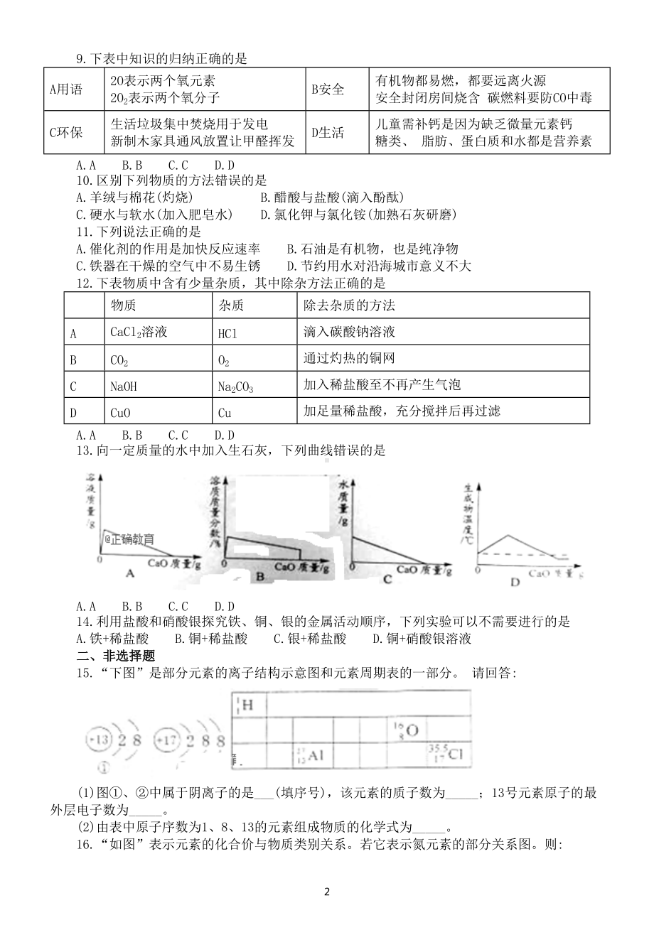 初中化学2022中考强化练习卷（一）（附参考答案）.doc_第2页