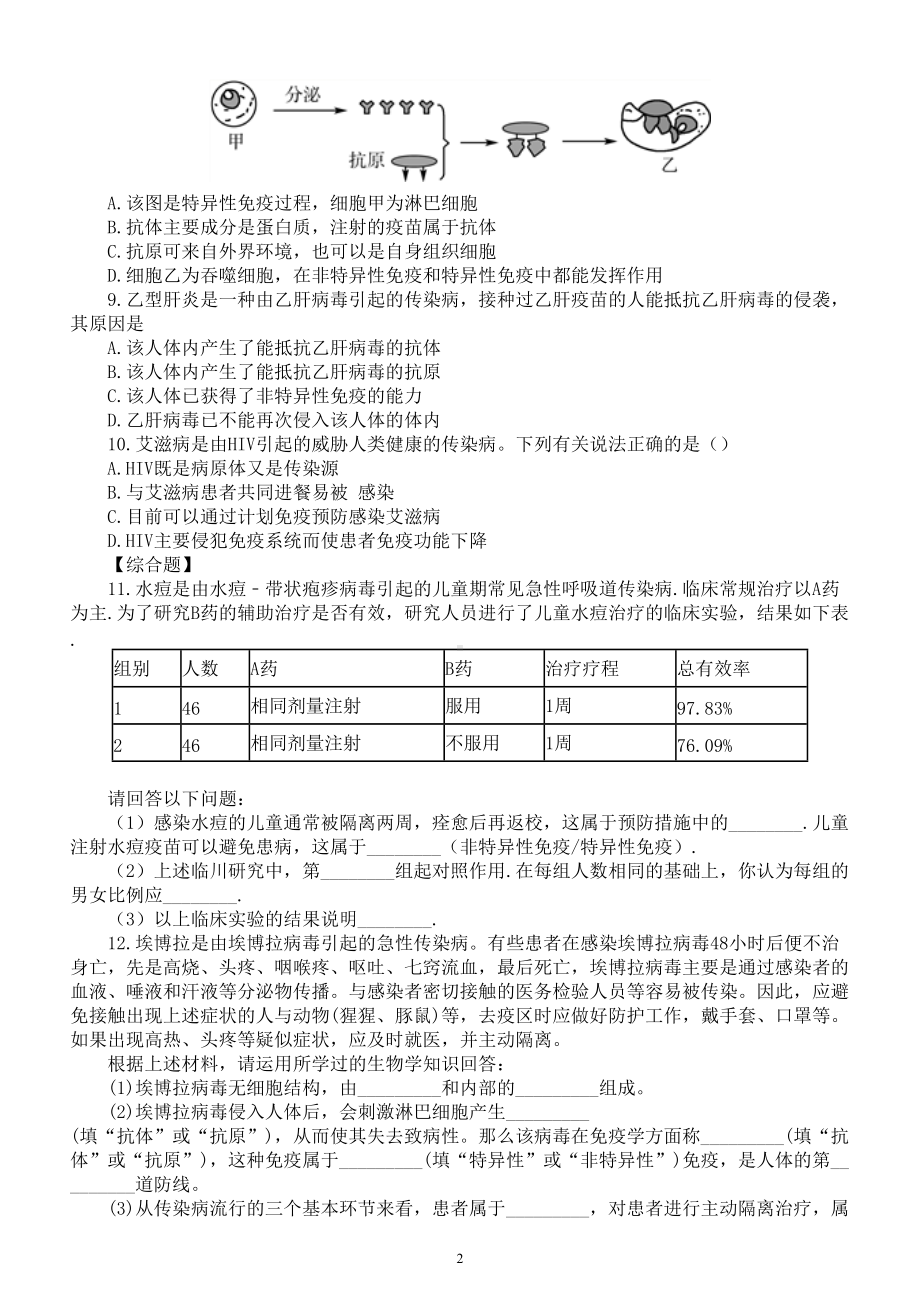 初中生物中考总复习《传染病和免疫》专项练习（附参考答案）.doc_第2页