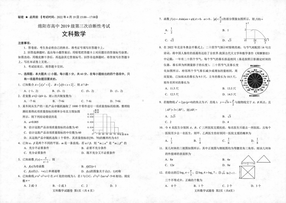 2022届高三绵阳三诊 文数试卷.doc_第1页