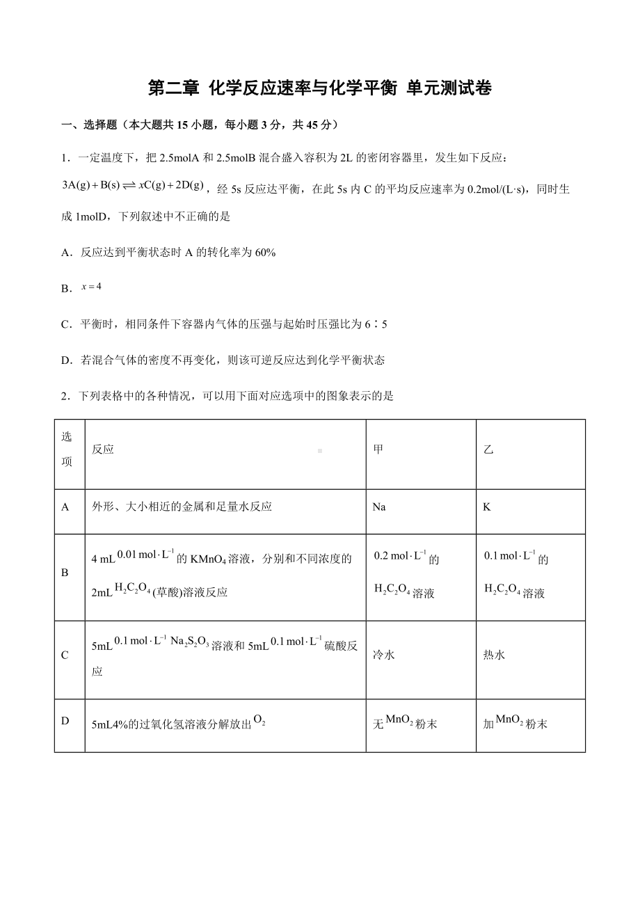 第二章 化学反应速率与化学平衡 单元测试卷 -（2019）新人教版高中化学高二上学期选择性必修一.docx_第1页