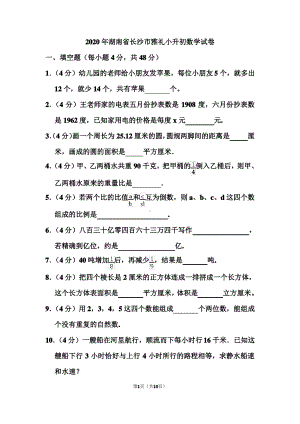 2020年湖南省长沙市雅礼小升初数学试卷和答案.pdf