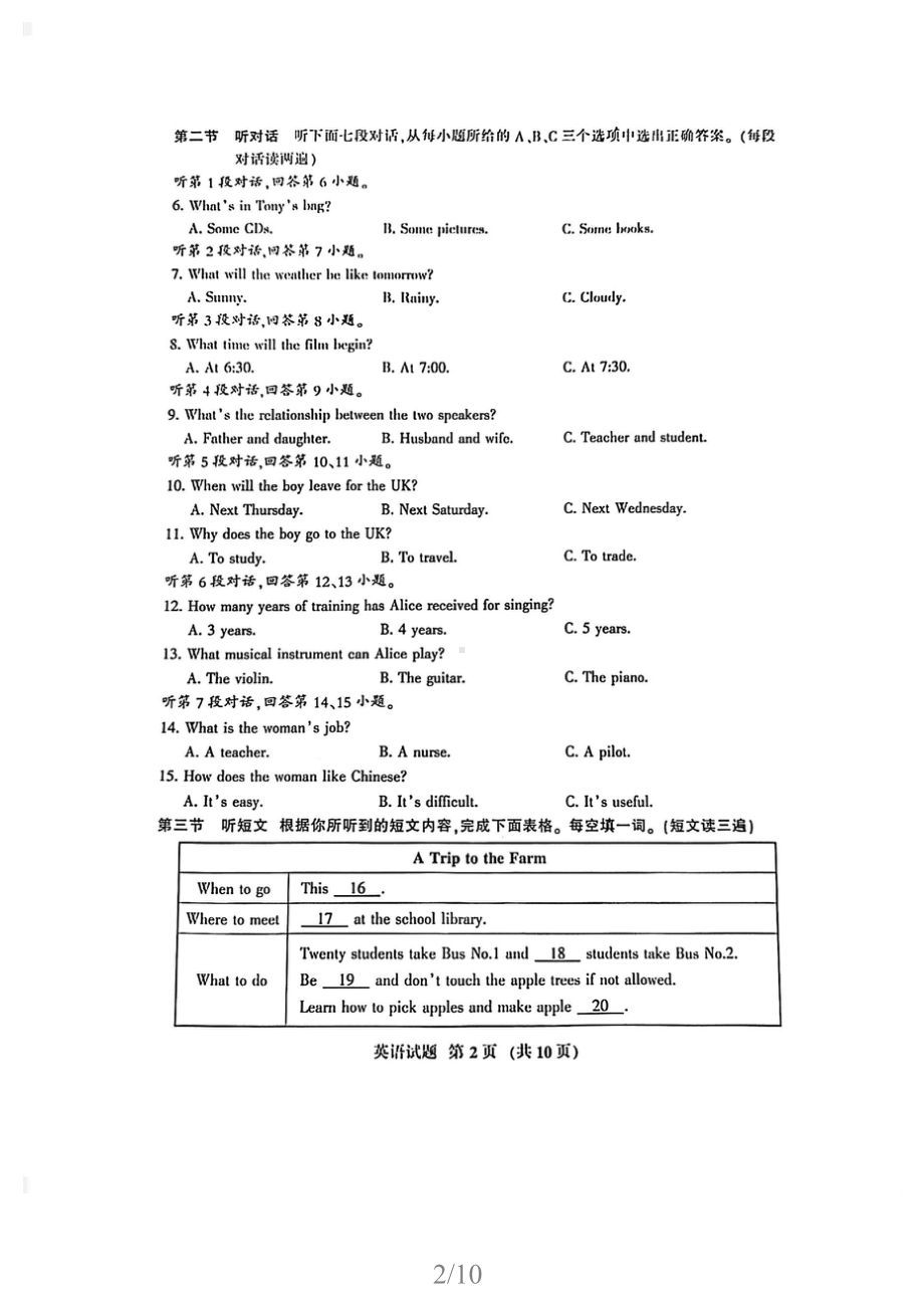 2021年福建省三明市初中毕业班教学质量检测英语试卷(含答案) (1).doc_第2页