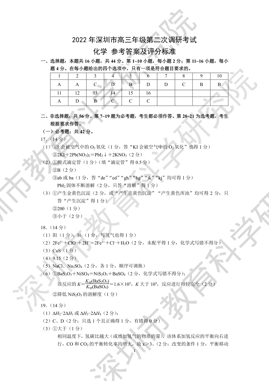 2022年深圳市高三年级第二次调研考试-化学答案.pdf_第1页