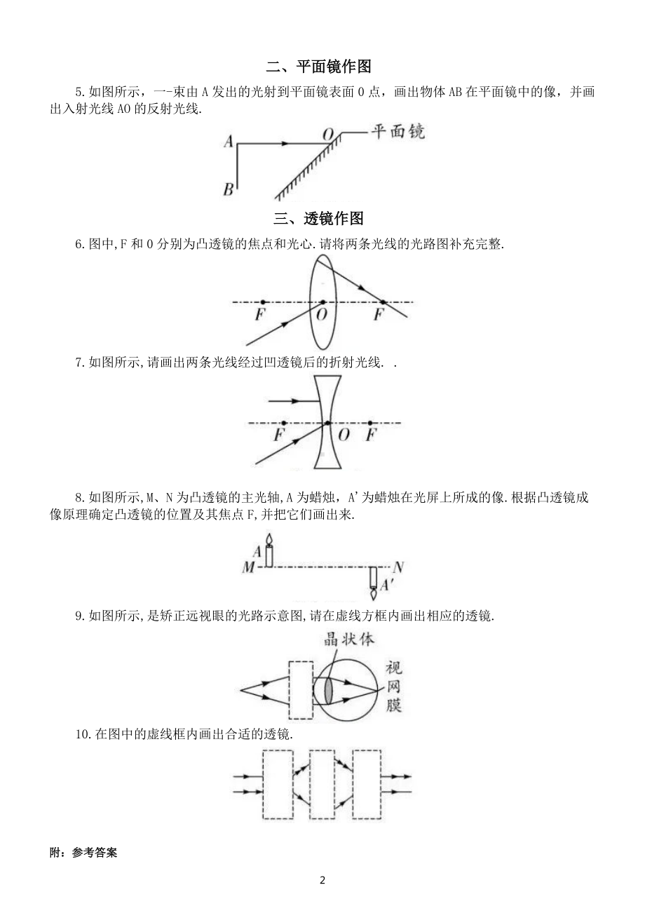 初中物理中考光学作图题专项练习（附参考答案和作图技巧总结）.docx_第2页