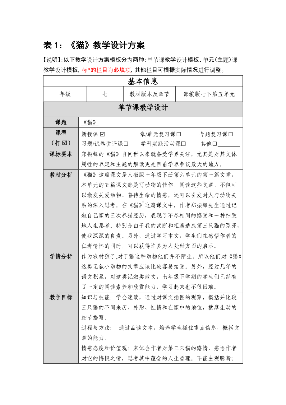 《猫》教学设计方案、《猫》信息技术教育教学应用反思表.docx_第1页