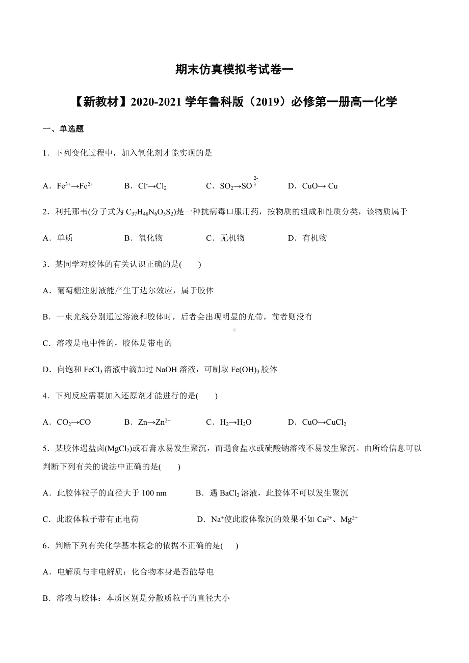 期末考试模拟试题一-（2019）新鲁科版高中化学高一上学期必修第一册.docx_第1页