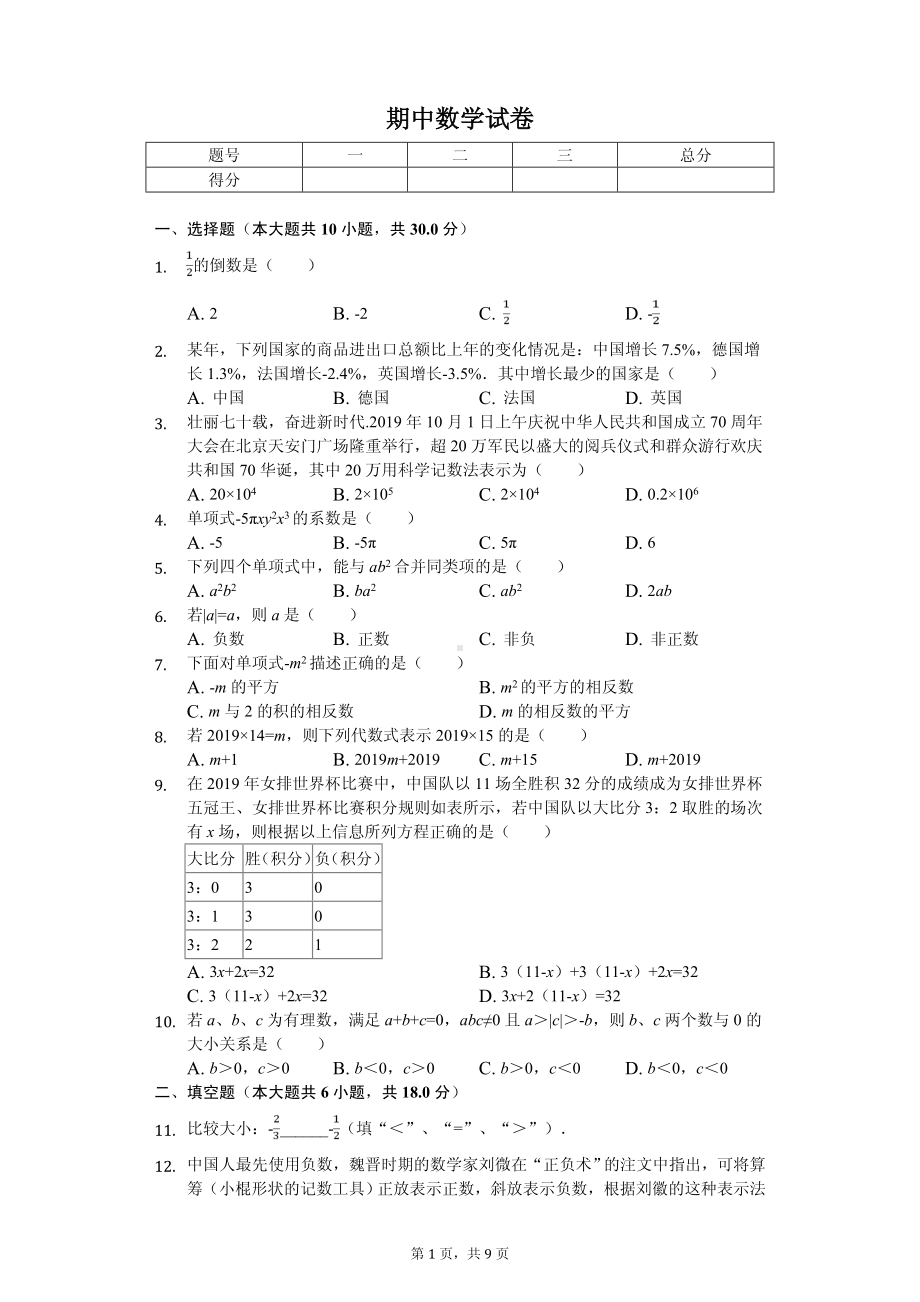 福建省福州市七年级（上）期中数学试卷.pdf_第1页