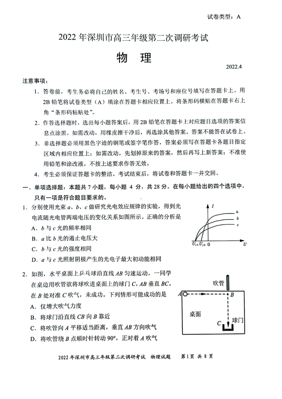 广东深圳市2022届高三物理二模试卷及答案.pdf_第1页