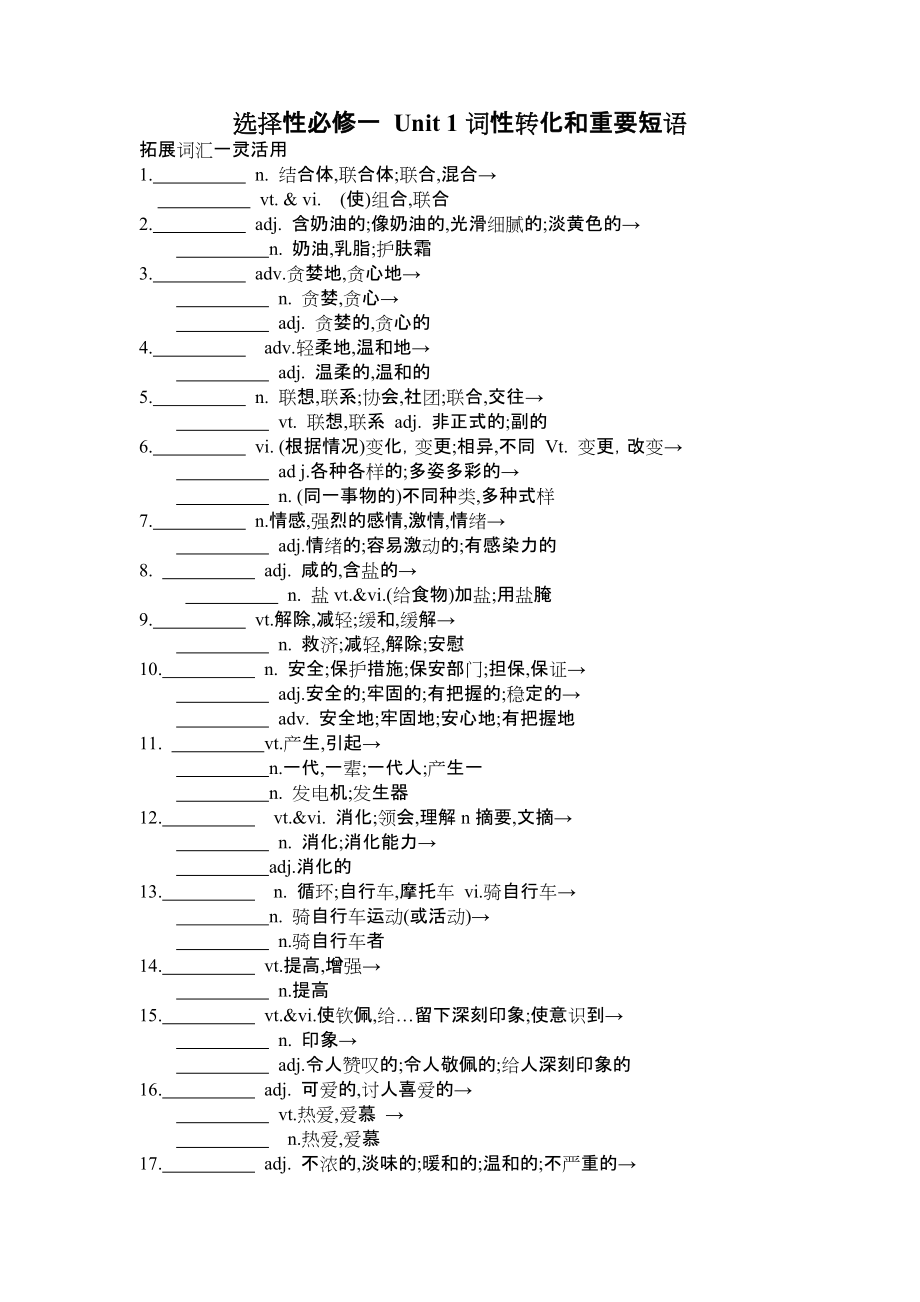 （2020）新牛津译林版高中英语高一选择性必修第一册Unit 1词性转化和重要短语（有答案）.doc_第1页