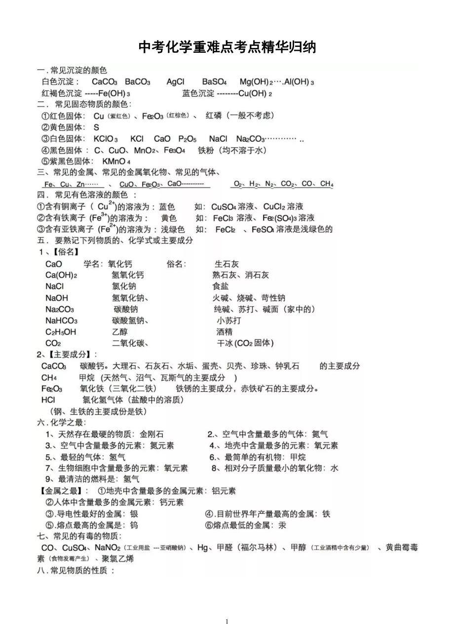 初中化学中考重点难点考点精华归纳（高分必备宝典）.doc_第1页