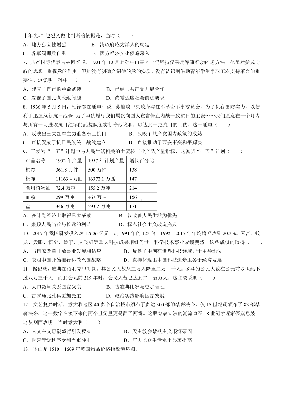 福建省2022年4月高三毕业班百校联合测评历史试题及答案.pdf_第2页