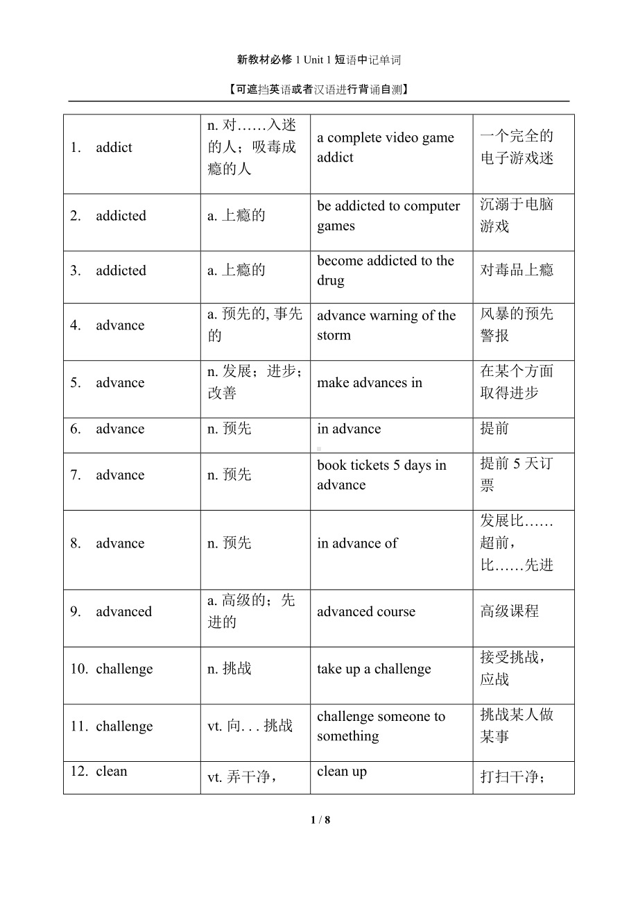 Unit 1 短语中记单词-（2019）新人教版高中英语必修第一册.docx_第1页